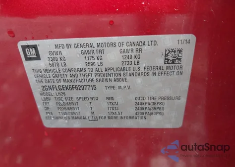 2015 Chevrolet Equinox 2Lt z USA, uszkodzony, nr VIN 2GNFLGEK6F6207715